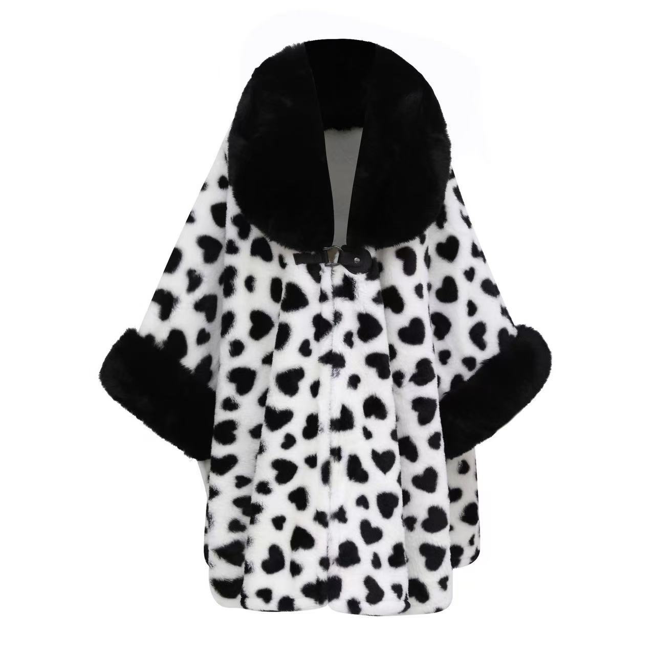 0952# Autumn Winter New Shawl Plus Size Loose Large Fur Collar Fleece Lined Thickened Cape Shawl Printed Wool Coat
