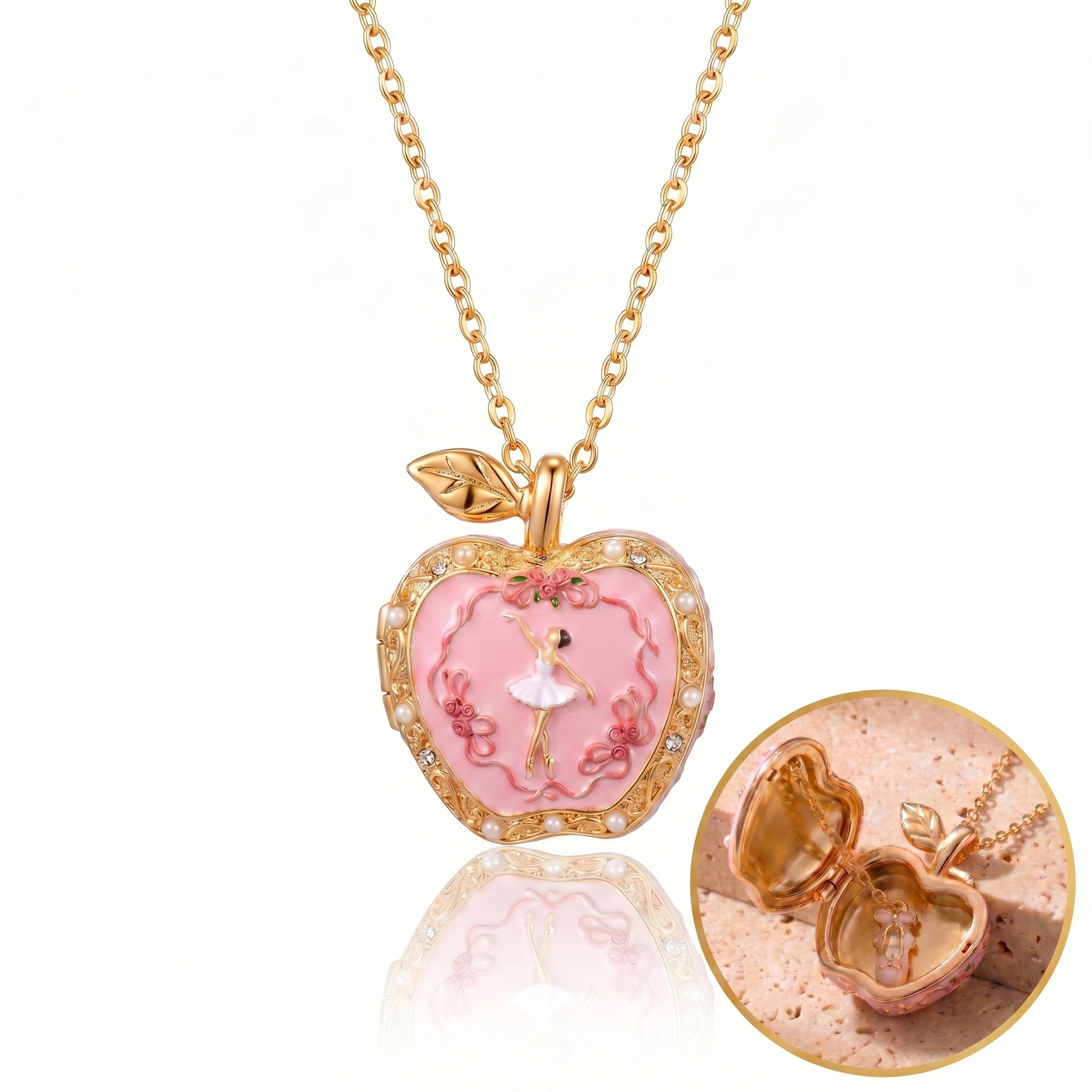 Pink-gold apple openable photo frame necklace, cute ballet style for girls, niche popular gift necklace