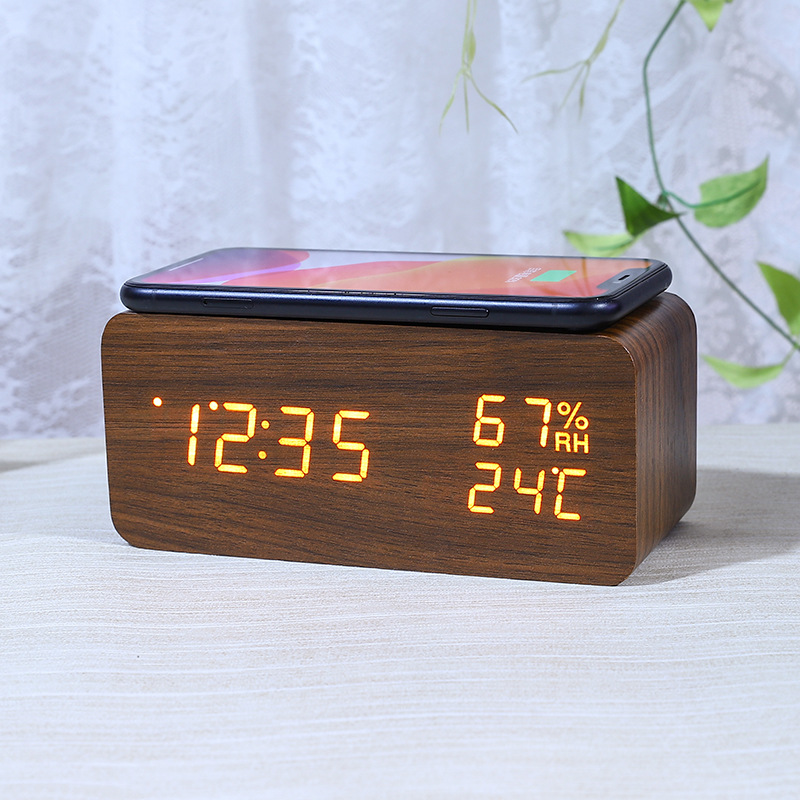 Smart Wireless Charging Clock Electronic Wooden LED Clock Digital Voice Control Clock Thermometer Alarm Clock