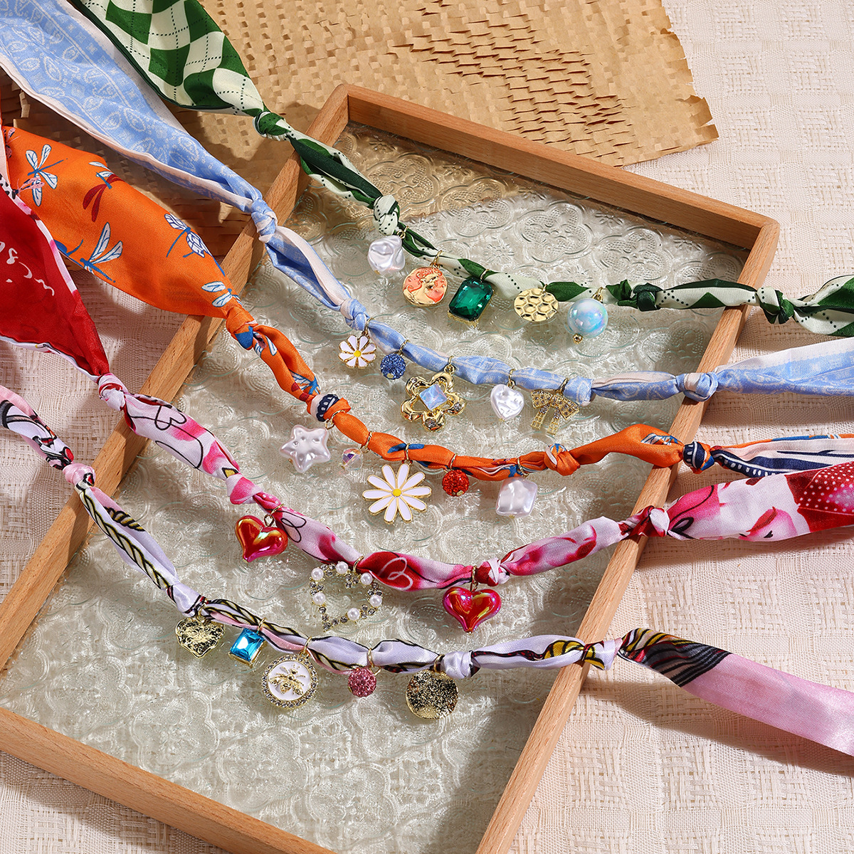 Jewelry long fabric necklace multi-pendant pearl colorful silk scarf necklace