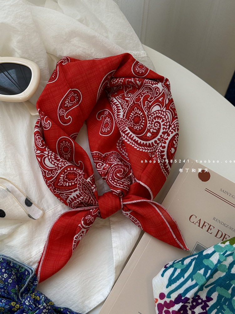 Self-retained soft square scarf with floral and polka dot cotton-linen decorative headscarf, fresh waist scarf
