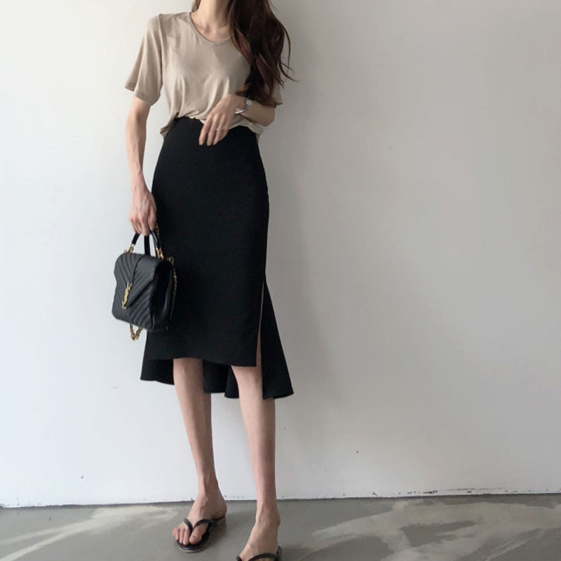 XIAOZHI~ Black Fishtail Skirt Pencil Skirt Midi Skirt Women's Spring Autumn High-Waist Irregular Niche