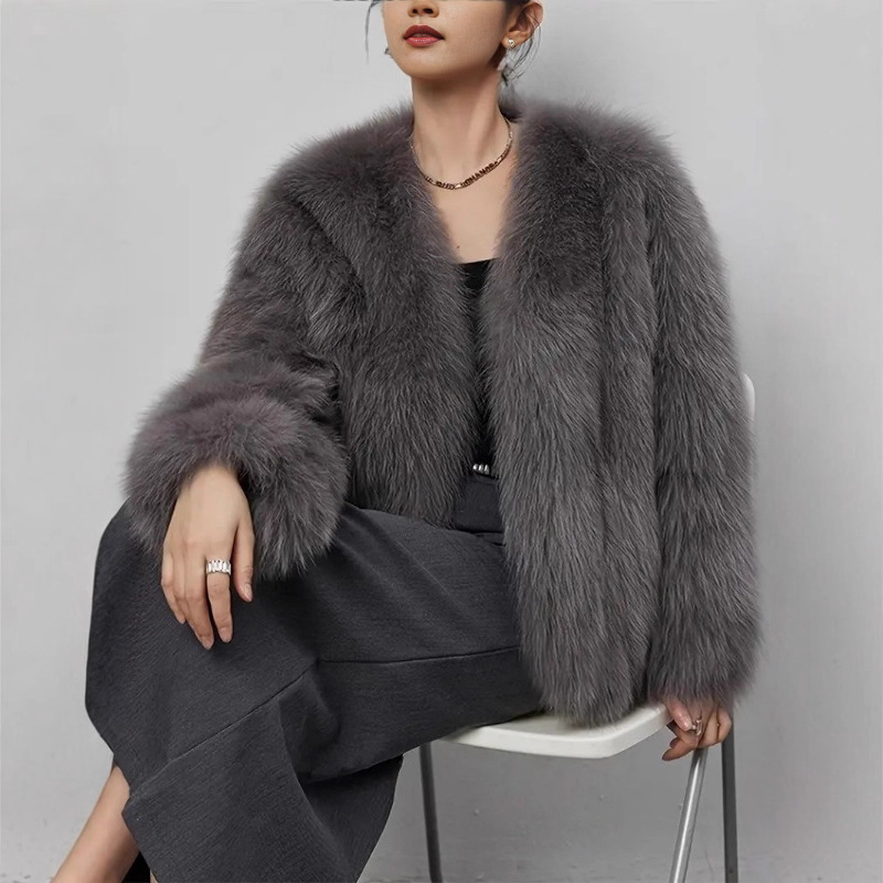 Fur V-neck artificial jacket short fox fur fluffy plush women's clothing eco-friendly fur