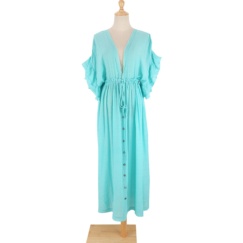 New Slub Cotton Button Waist Rope Long Dress Cardigan Vacation Beach Jacket Sun Protection Long Dress Bikini Cover Up Women