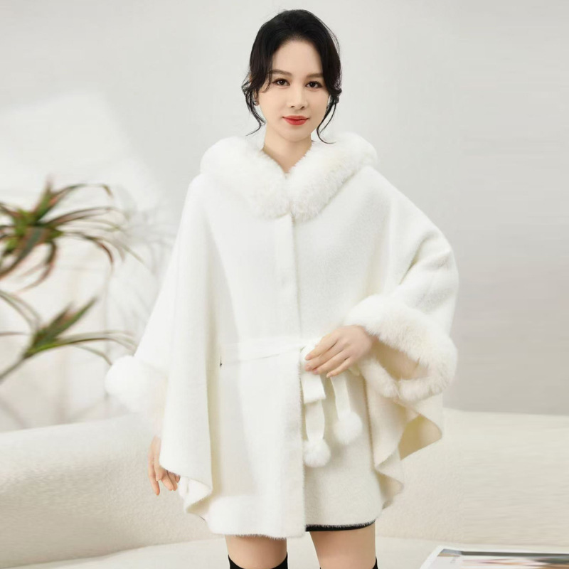 830# Autumn Winter Large Fur Collar Imitation Mink Hood Belt Shawl Knitted Cardigan Coat Cape