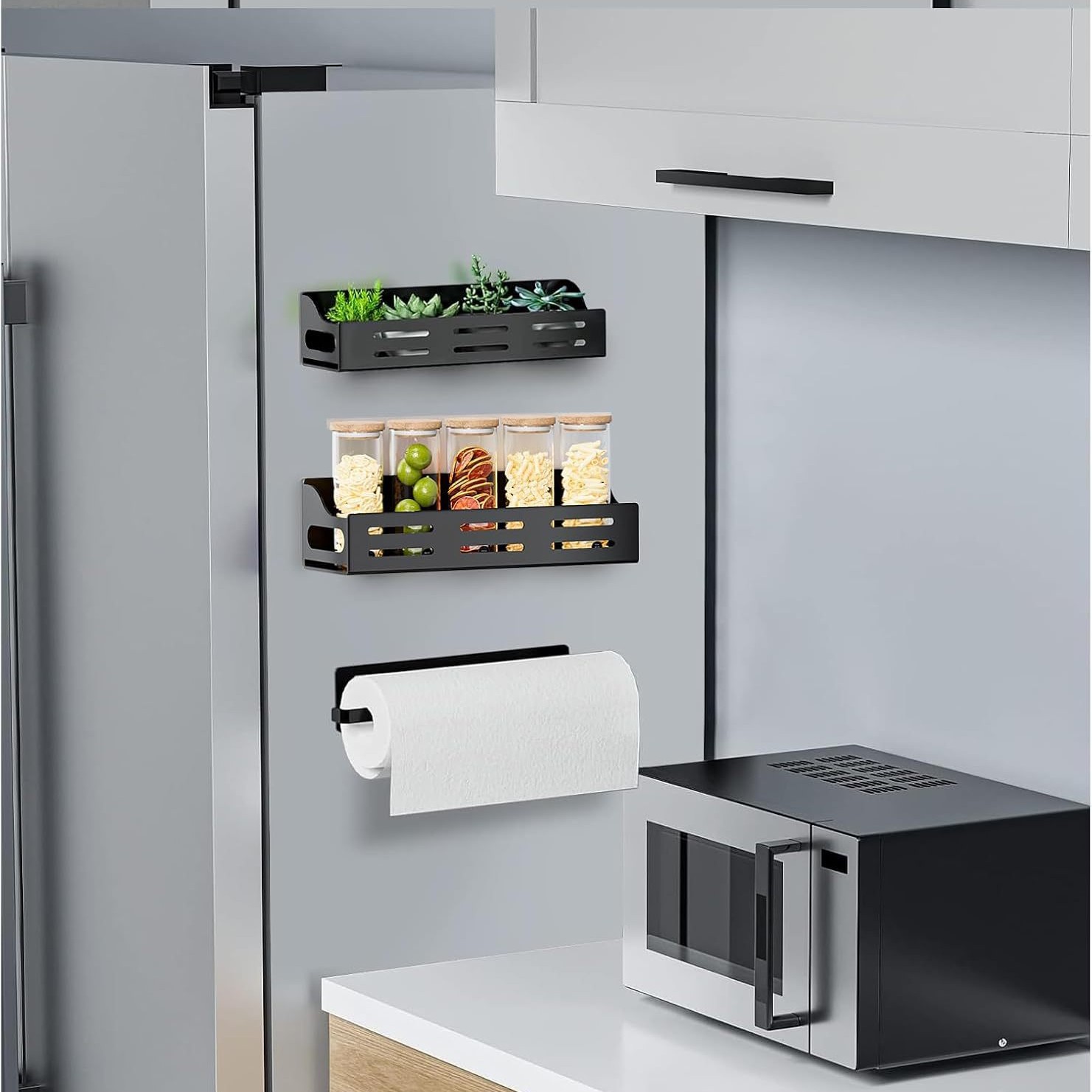 Kitchen storage rack, refrigerator side magnetic hook storage, storage box, paper towel, plastic wrap, no-drill, spice rack
