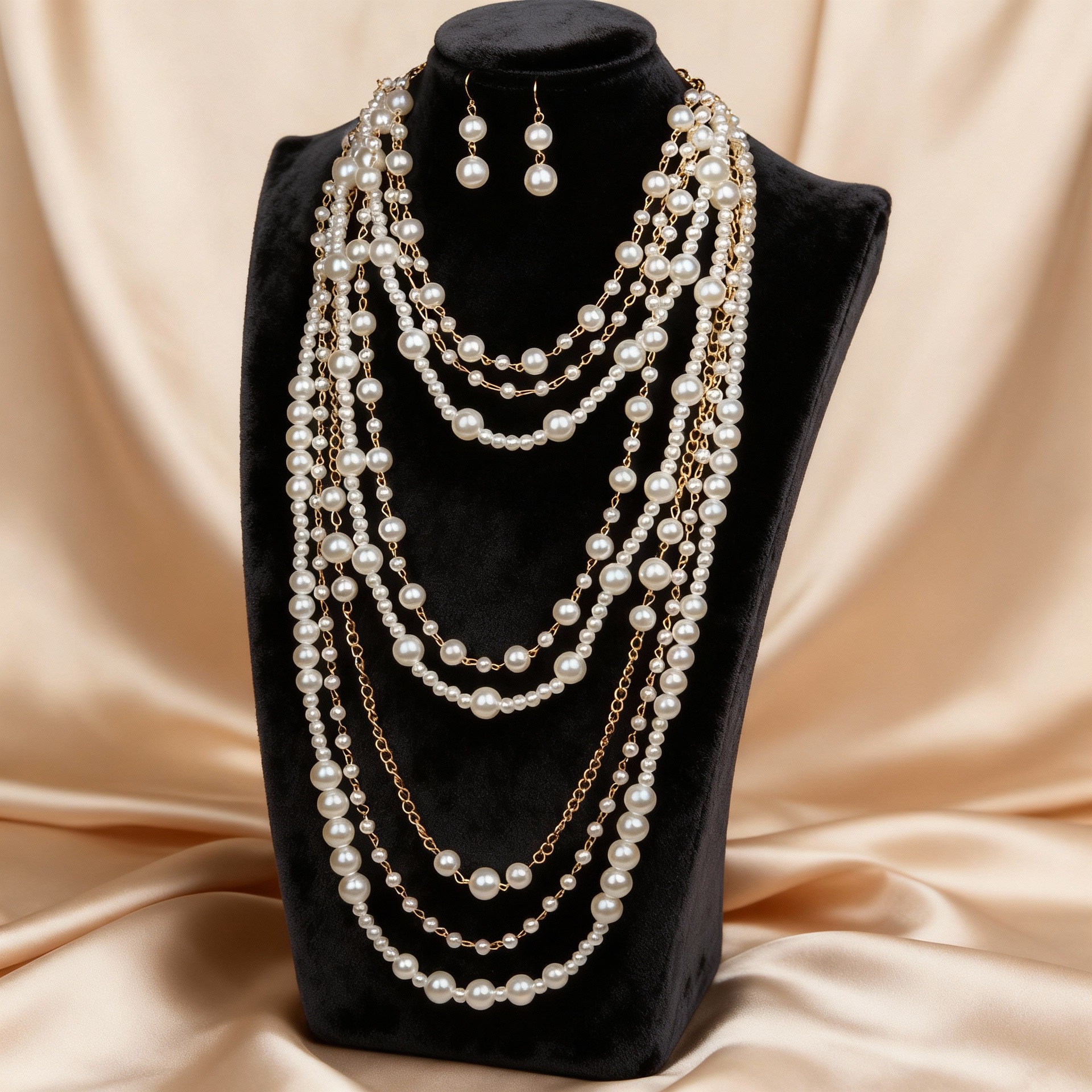 Exaggerated Multi-layer Women Pearl Necklace Earring Set Long Women Beaded Sweater Chain