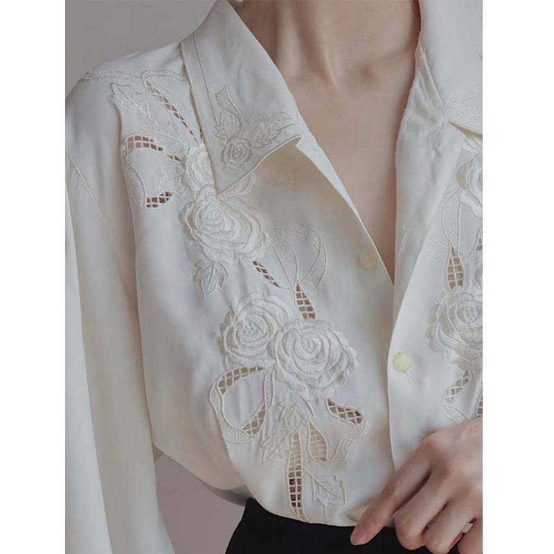 Beautiful Unique Special Blouse Mature Lady Top White Embroidered Lace Shirt Women
