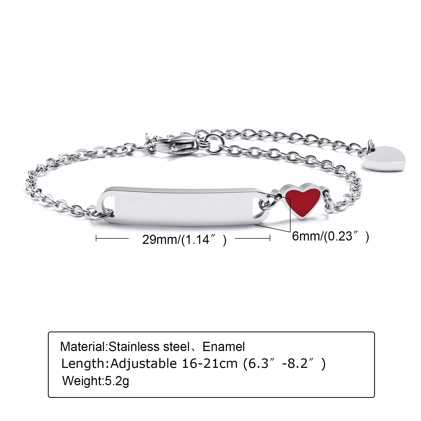 Women's Stainless Steel Bracelet Children's Blank Curved Plate Heart Titanium Steel Epoxy Bracelet Engravable DIY Huanmu