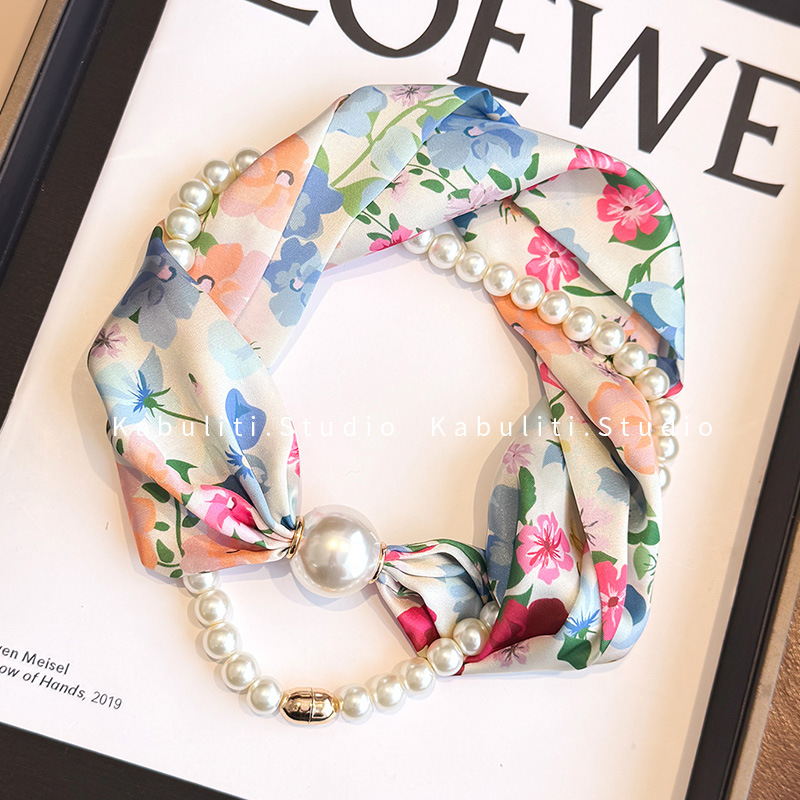 Magnetic buckle pearl necklace narrow small long strip silk scarf women neck protection mother matching shirt thin scarf