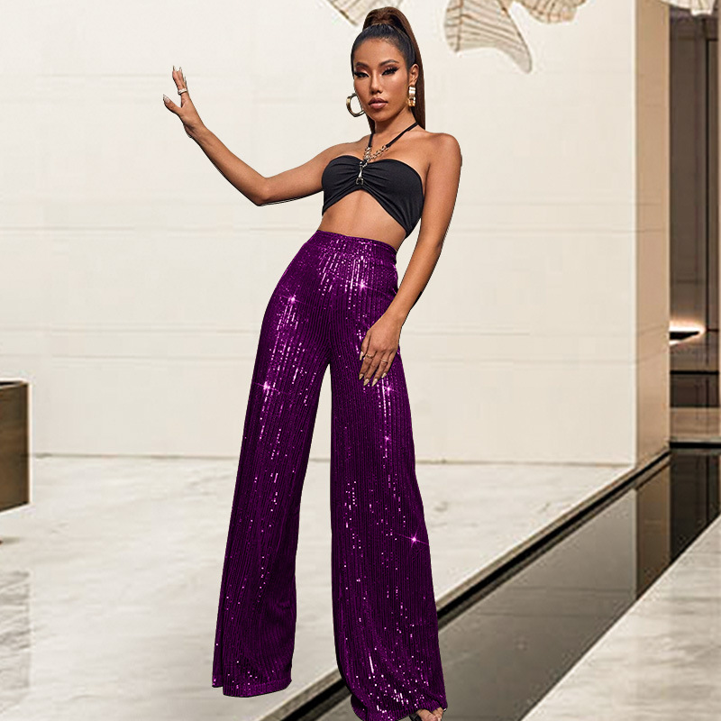 Women's 2026 New Solid Color Wide-Leg Pants Independent Station Draping Sequin Casual Pants Women