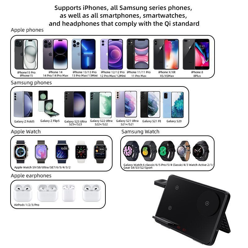 New multifunctional three-in-one foldable wireless charger, suitable for Apple and Samsung phones