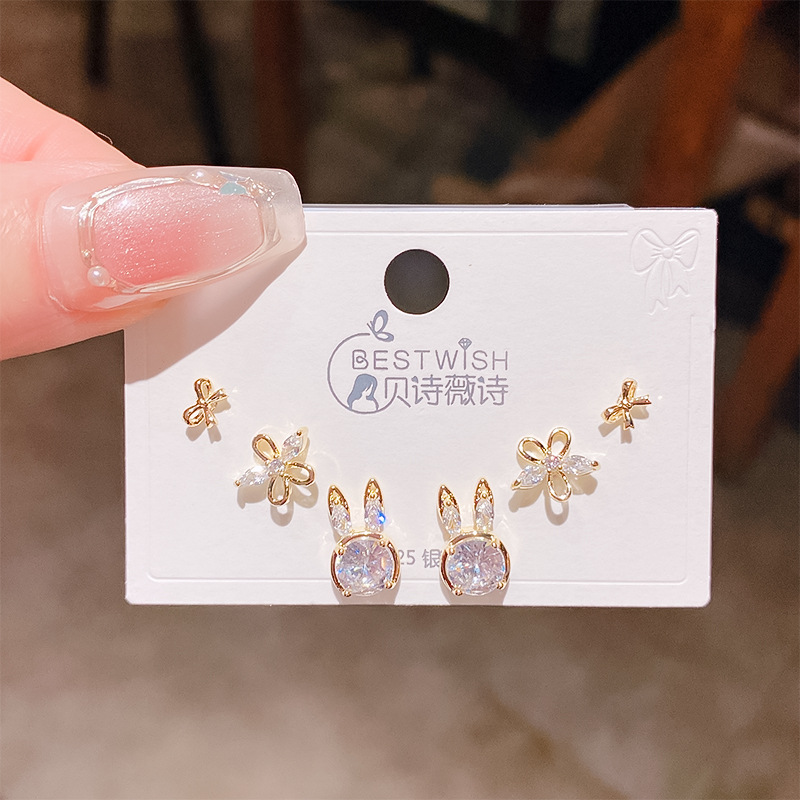 26th batch #1 copper gold-plated solid quality zircon three pairs of earrings, silver needle one card six-piece set