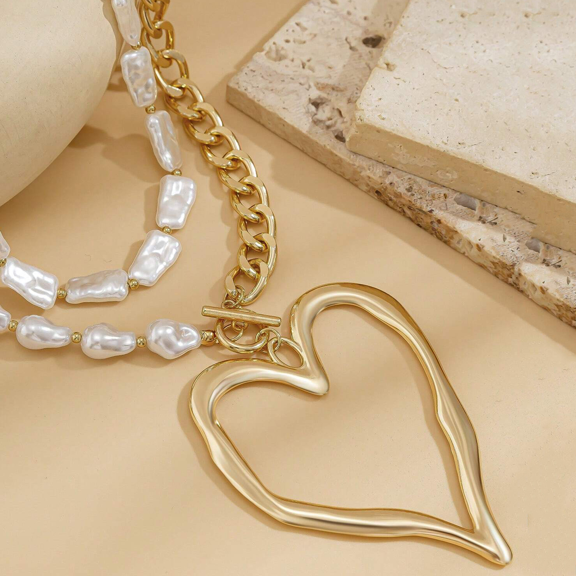 Accessories Imitation Pearl Bead Chain Double Necklace for Women Niche Big Heart Necklace