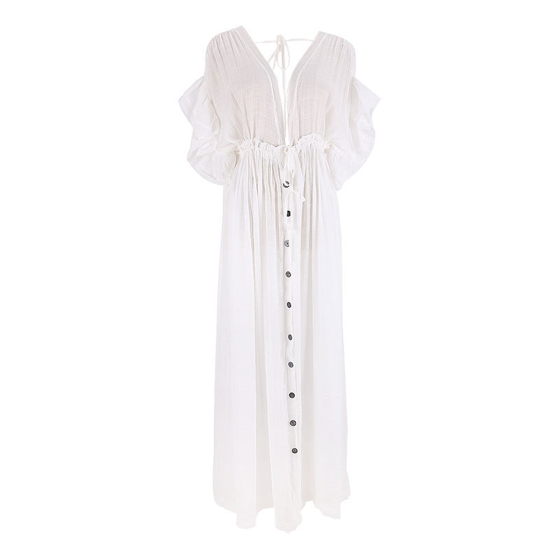 New Slub Cotton Button Waist Rope Long Dress Cardigan Vacation Beach Jacket Sun Protection Long Dress Bikini Cover Up Women