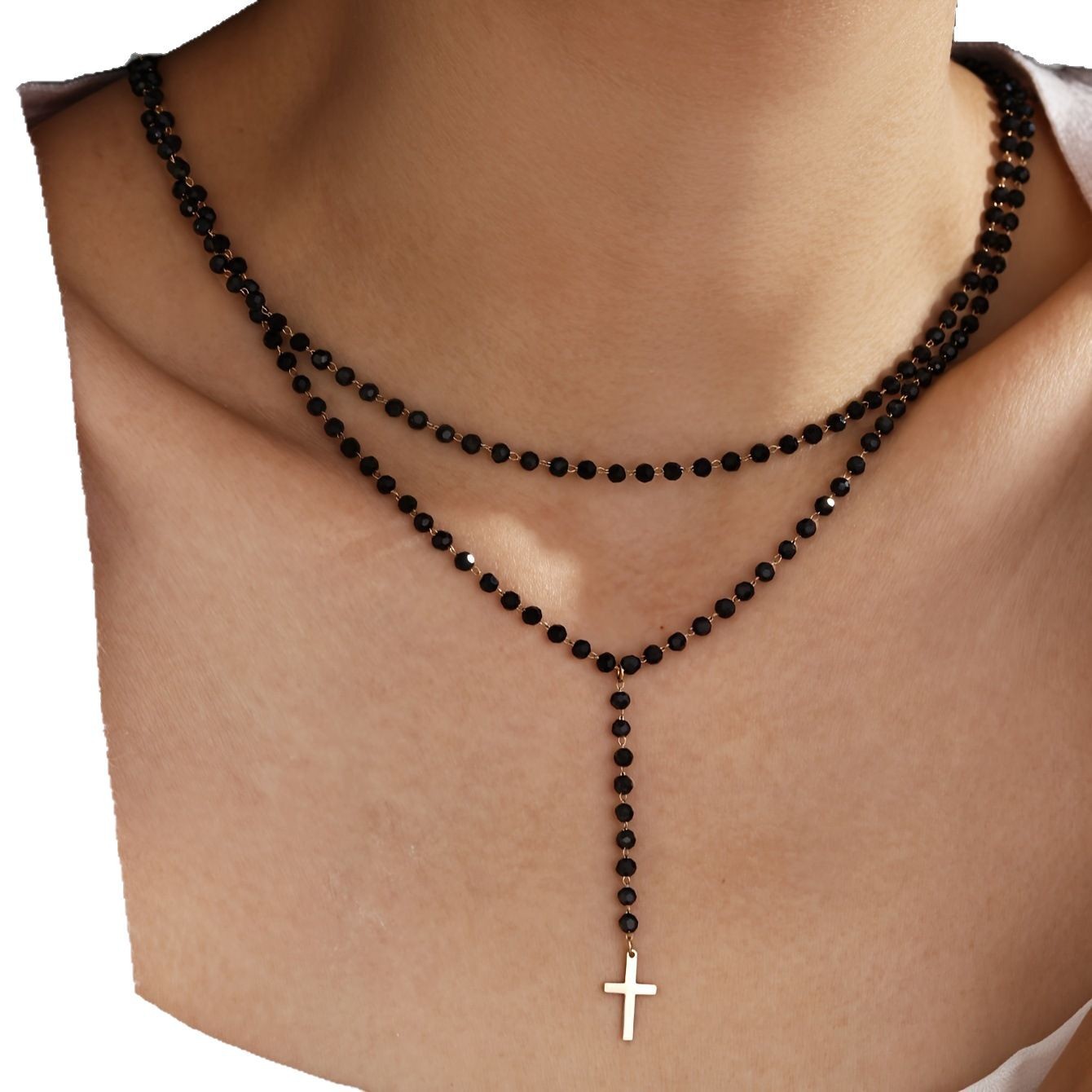 Crystal Bead Collar Necklace Party Minimalist Multi-Layer Cross Pendant Necklace