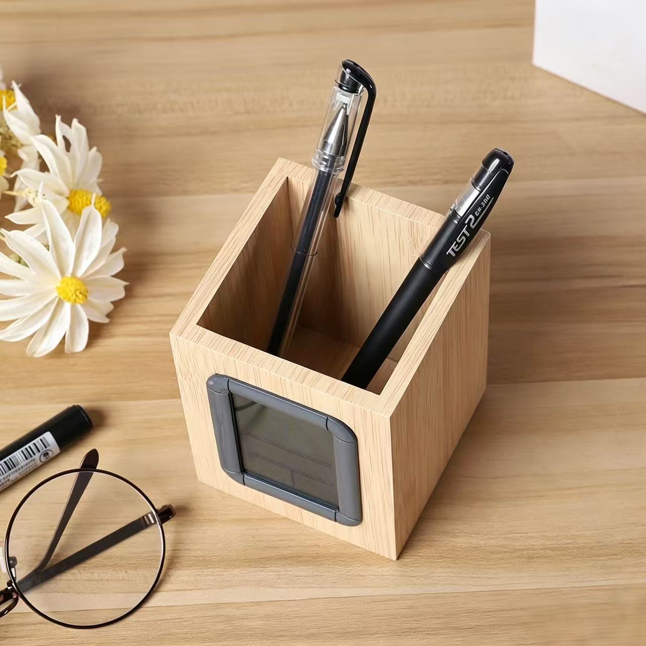 Alarm clock bamboo digital pen holder clock, snooze LED clock pen holder, student children's desktop gift clock