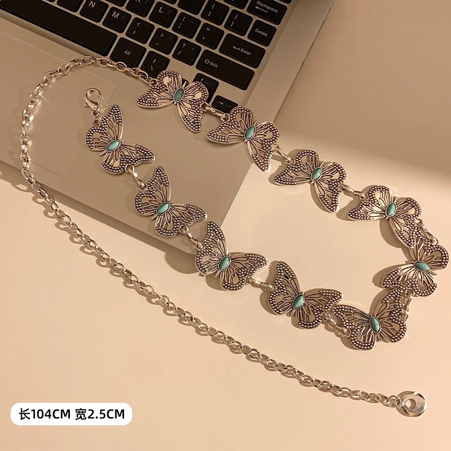 18#6绿松石古银蝴蝶腰链约115cm