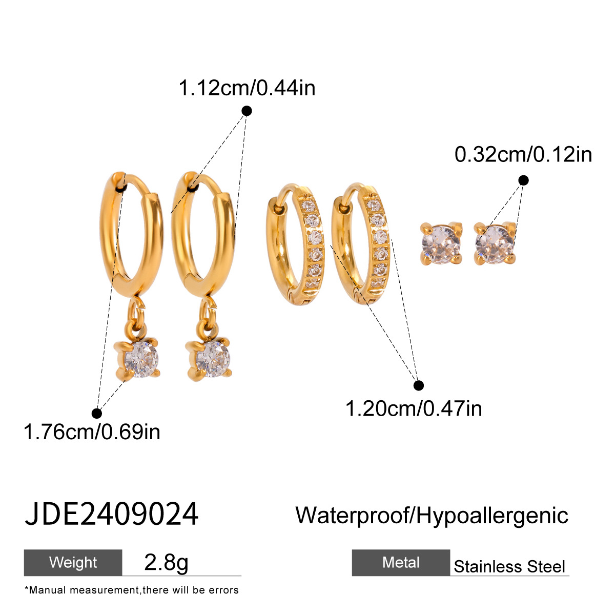 Jieding three pairs stainless steel zircon earrings niche pearl earrings titanium steel ear accessories