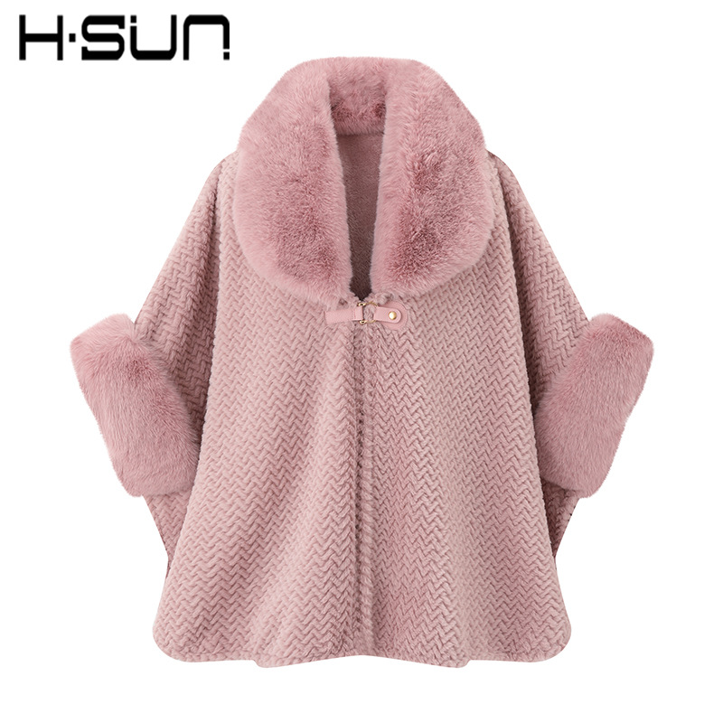 H·sun street thickened knitted plaid shawl winter warm fur collar customizable
