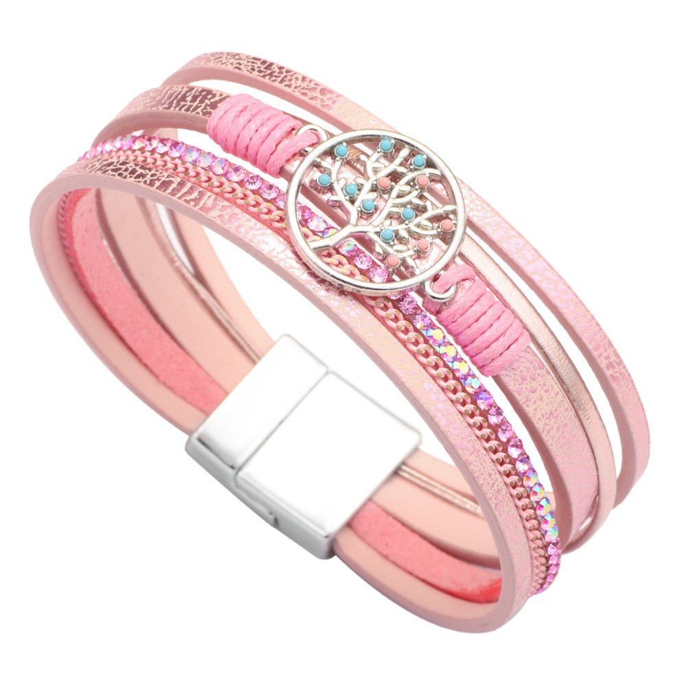 Bohemian Cross Bracelet with Micro Rhinestones Magnetic Buckle PU Leather Bracelet