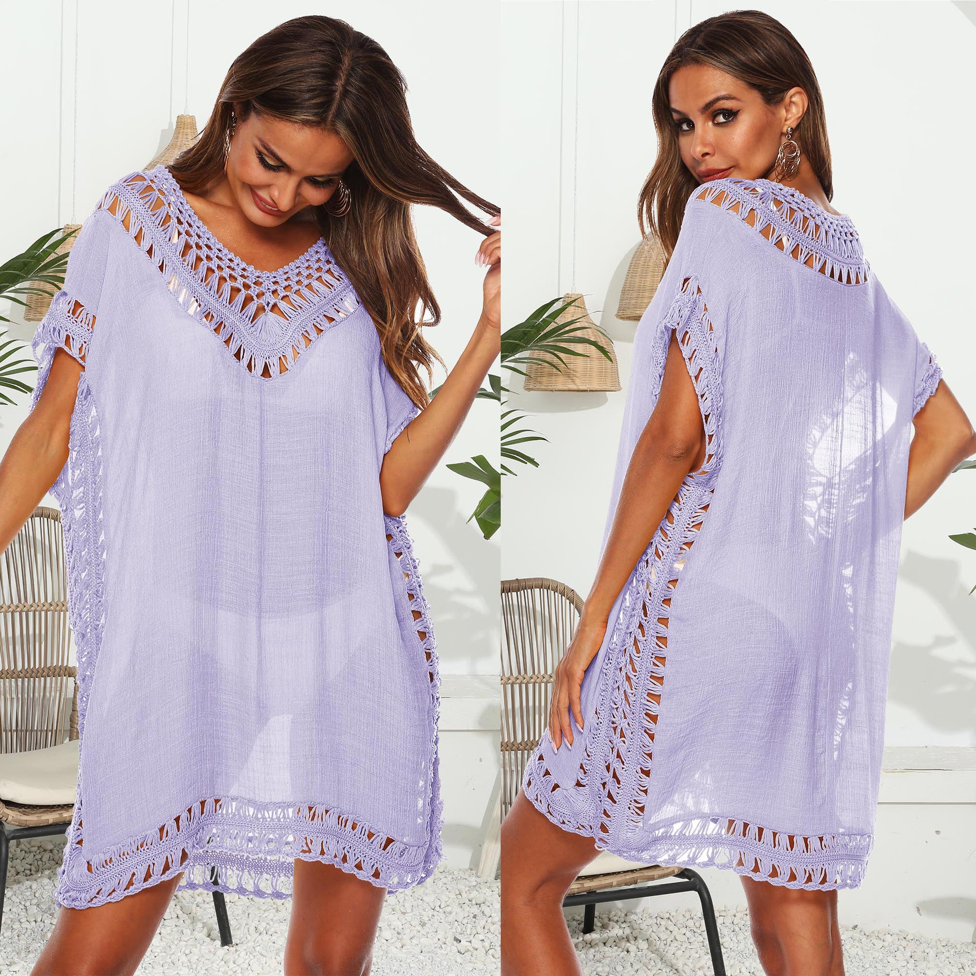 Women's V-Neck Hand-Crocheted Cover-Up Sexy Cutout Loose Beach Cover-Up Dress 1965 Ten Colors Available