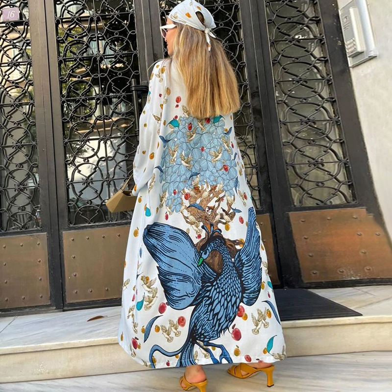 Polyester Printed Long Sun Protection Cardigan Women Swimsuit Outer Bikini Cover Up Women Vacation Beach Jacket