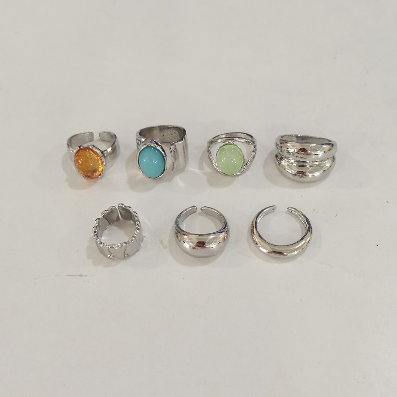 Layered gem ring set for women metal hammered texture open wide ring hand ornament