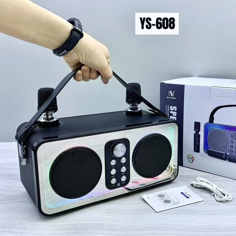 YS608 portable outdoor home leather grain high power 3600 mAh dual wireless mic K song speaker