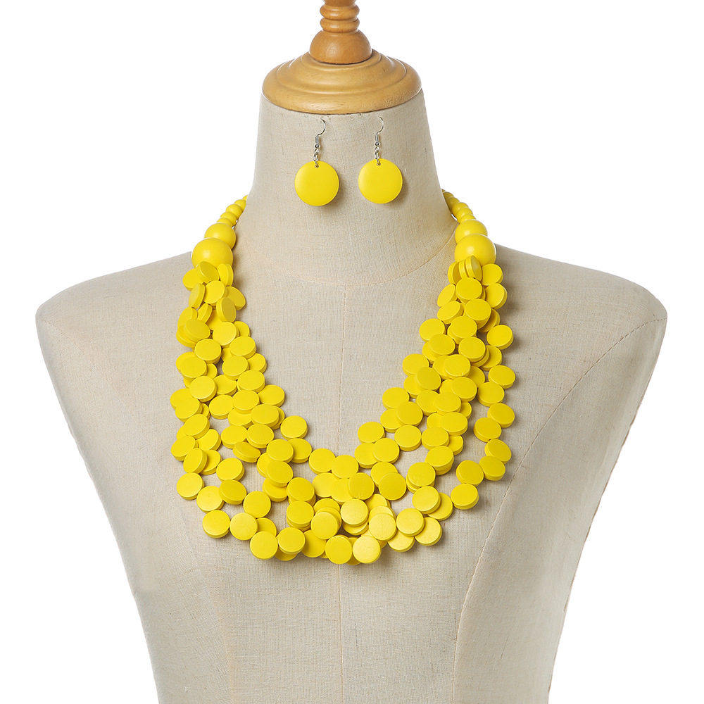 Ethnic style irregular wooden pieces bead multi-layer necklace and earring set sweater chain banquet accessories necklace