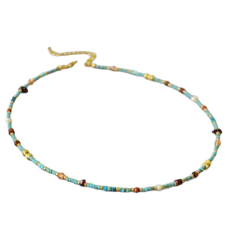 Turquoise seed bead string multi-colored gemstone simple bohemian necklace锁骨链