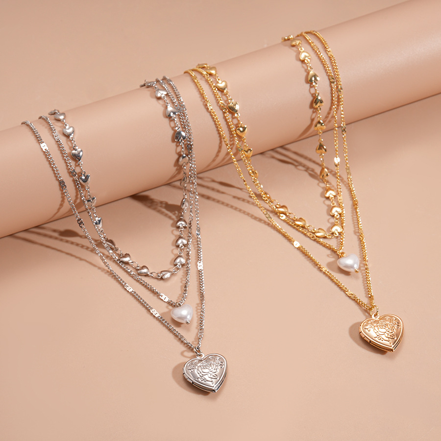 Imitation Pearl Heart Print Three-Layer Layered Chain Necklace for Women