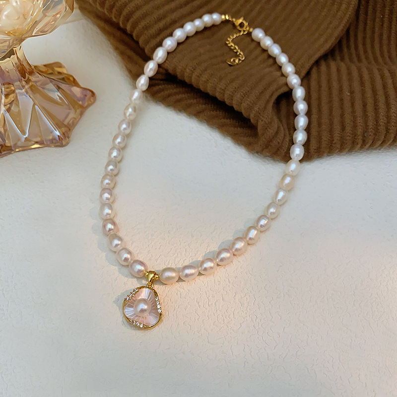 5mm natural freshwater pearl necklace for women with lotus leaf pendant, collarbone chain, neck chain