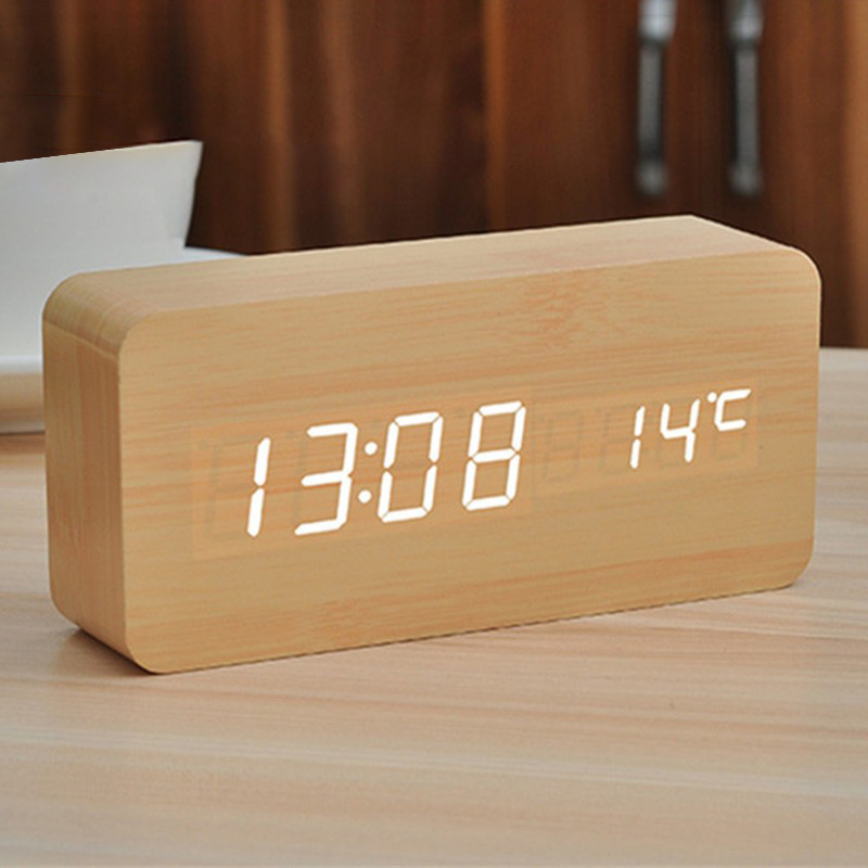 Wooden alarm clock LED student rechargeable digital display electronic voice control clock Nordic style wood