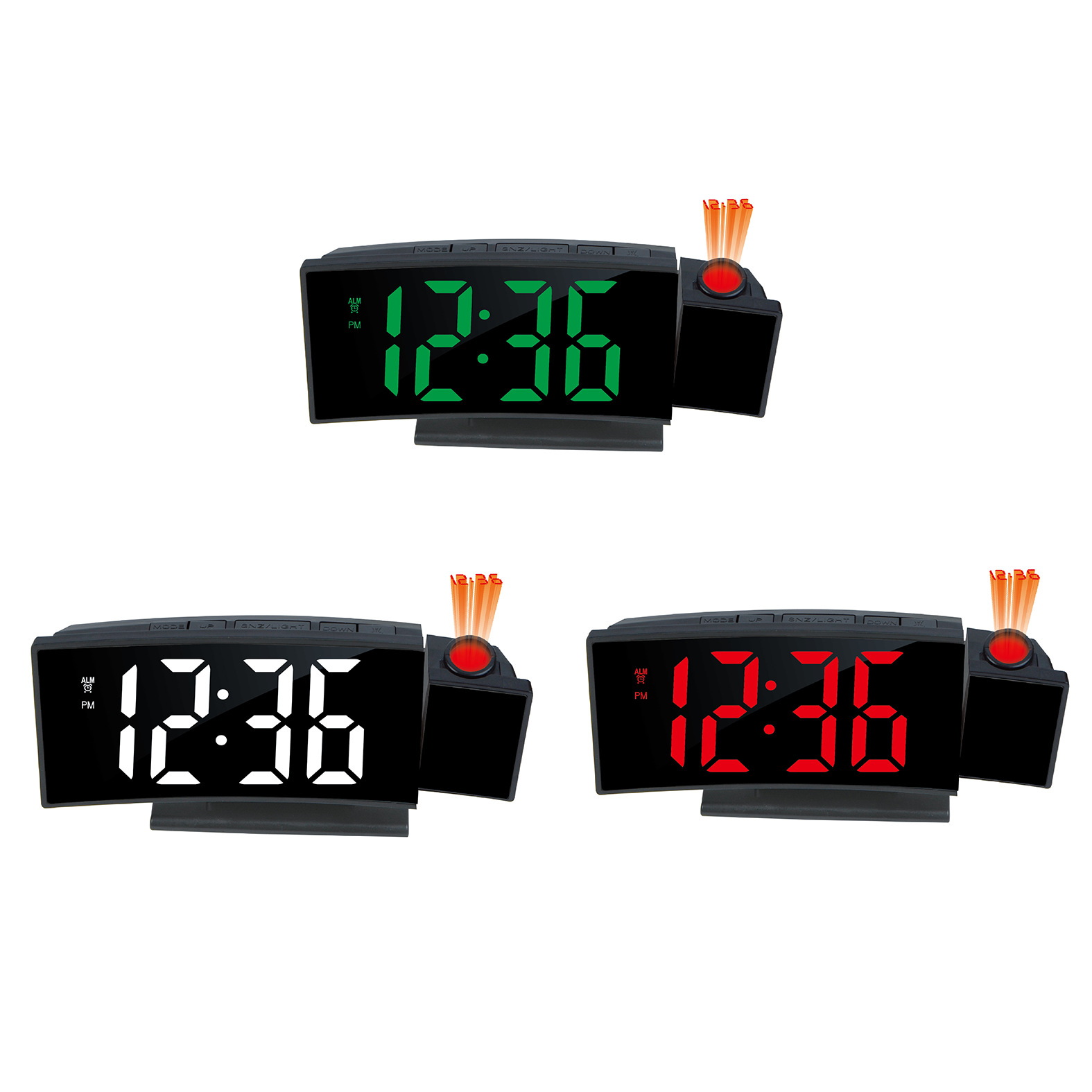 180° rotating projection clock time date temperature display adjustable brightness silent alarm quartz clock