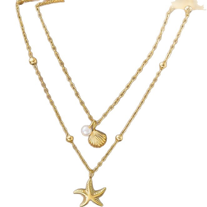 New Sea Star Shell Pearl Pendant Necklace Small Clavicle Chain for Women