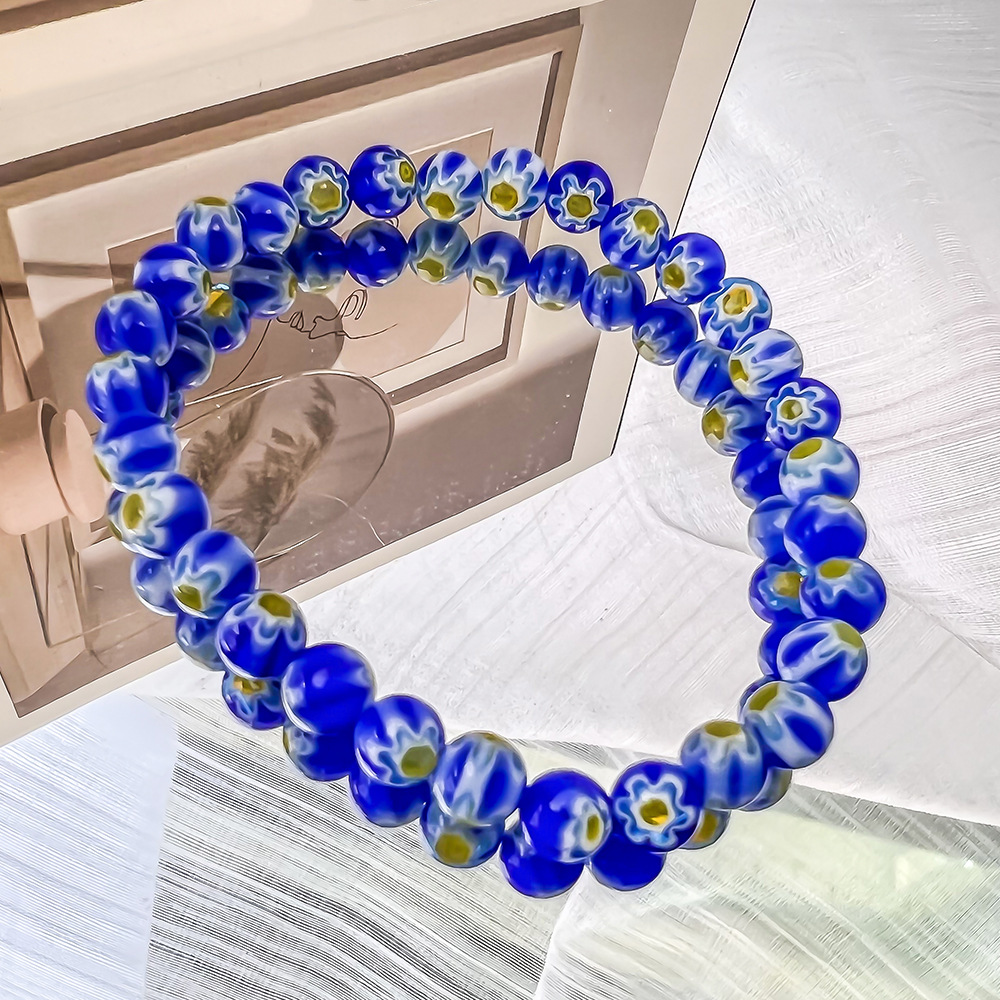 Dopamine-Style Handcrafted Glass Bead Stretch Bracelet with Daisy Pattern for Women—Layered Bracelet Set