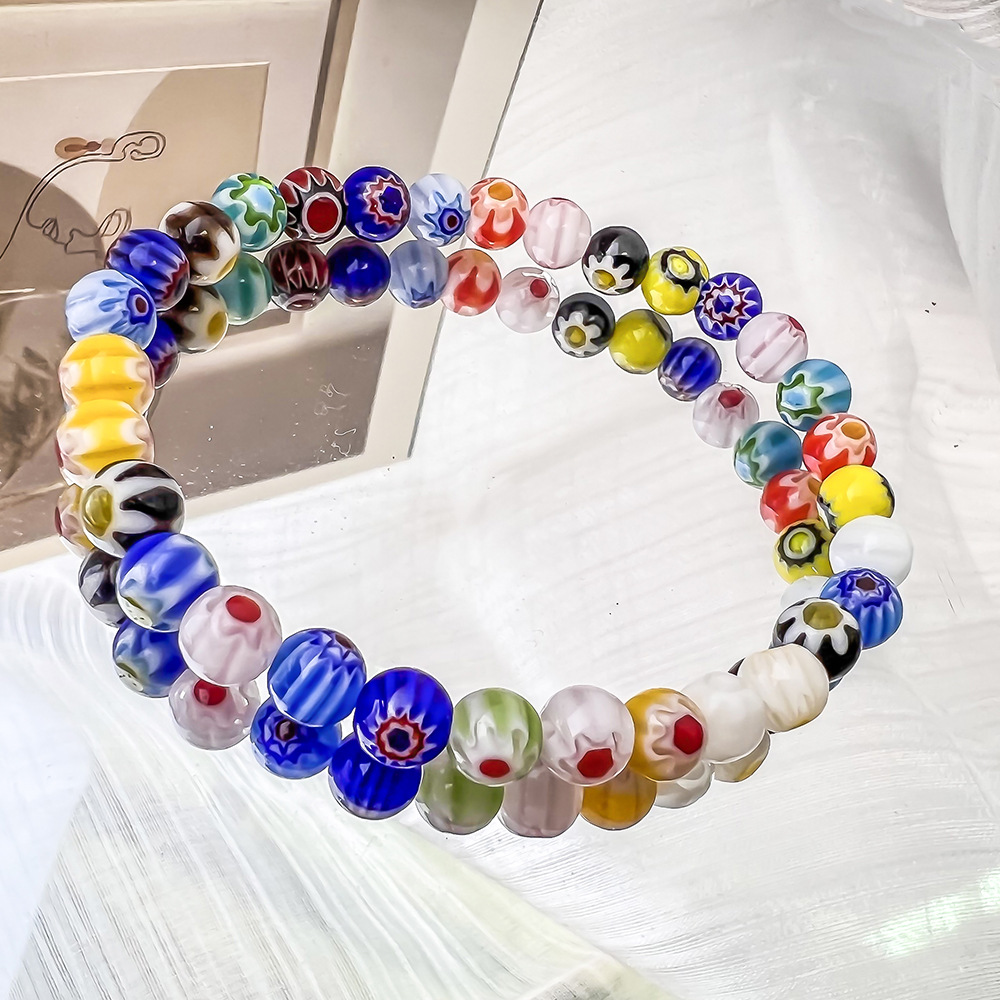 Dopamine-Style Handcrafted Glass Bead Stretch Bracelet with Daisy Pattern for Women—Layered Bracelet Set