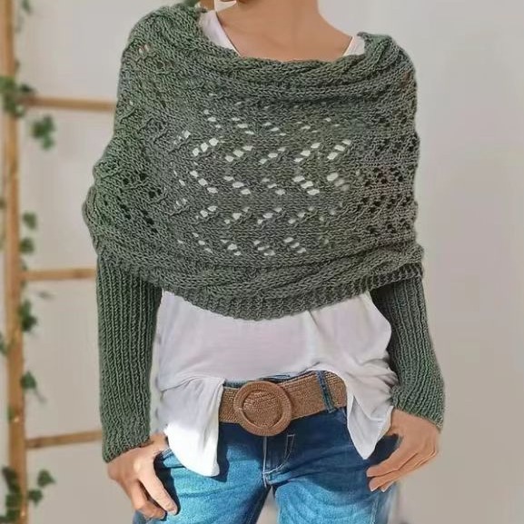 Cross off-shoulder beautiful knitted hollow long-sleeved double-sleeve shawl outer cardigan women