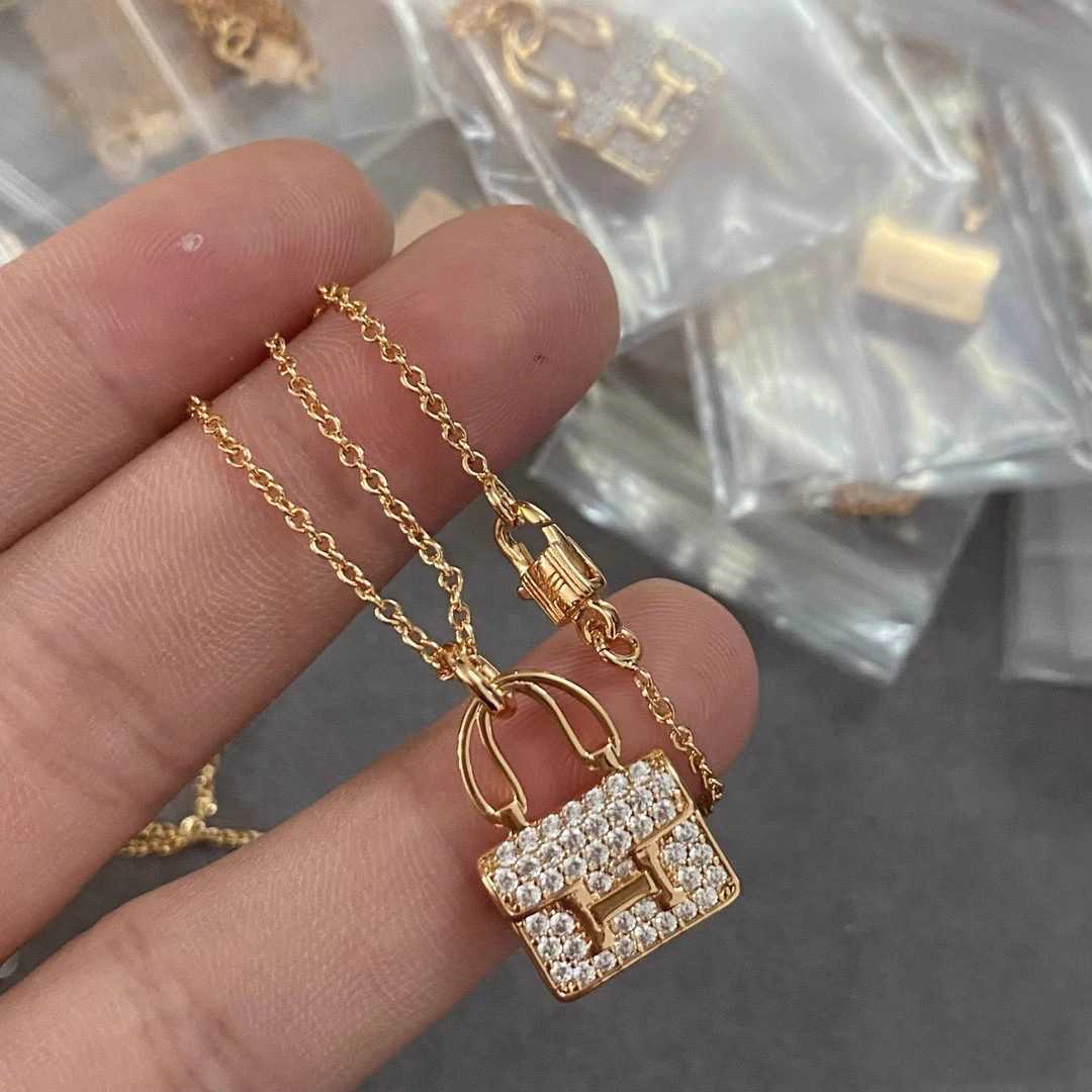 H new Hermes锁骨 chain diamond-plated thick brilliant full gift 18K gold bag necklace women Kang Kang bag