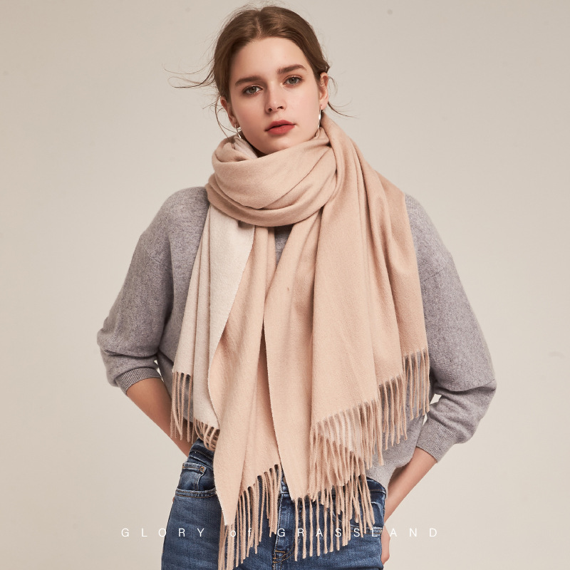 Inner Mongolia wool women's double-sided scarf autumn and winter color-blocked oversized shawl warm neck warmer two-in-one