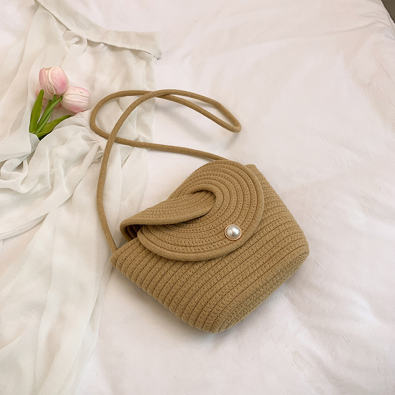 Small fresh pearl flap bag crossbody cotton rope woven bag casual shoulder straw bag mini beach bag women's bag