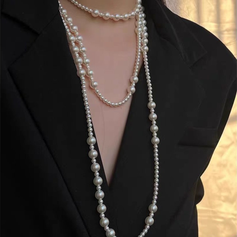 S family Australian white long pearl necklace women sweater chain 2024 new double layer multi-layer stacked neck chain