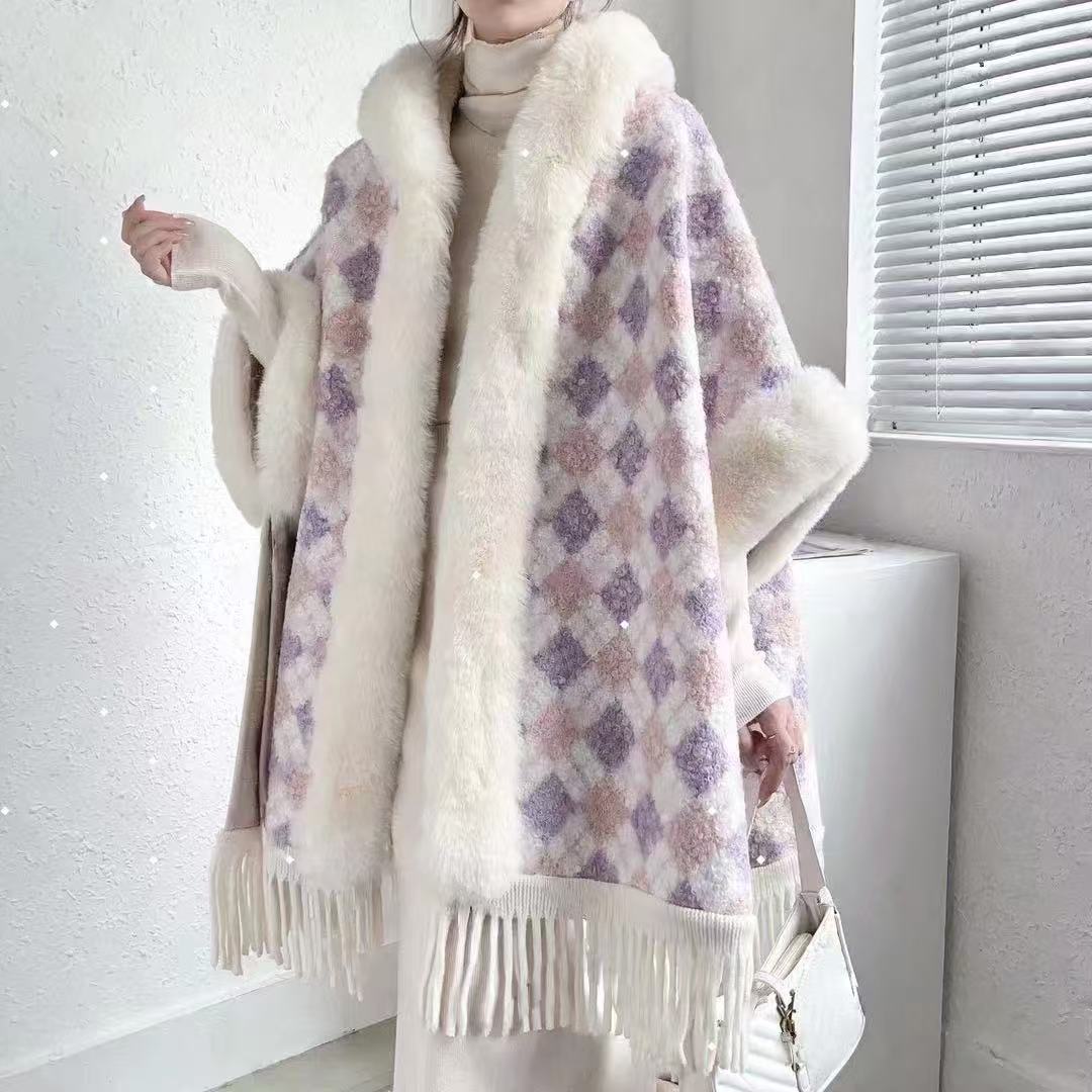Live Autumn Winter New Plaid Tassel Fleece Lined Thickened Hooded Cape Shawl Fur Collar Warm Coat