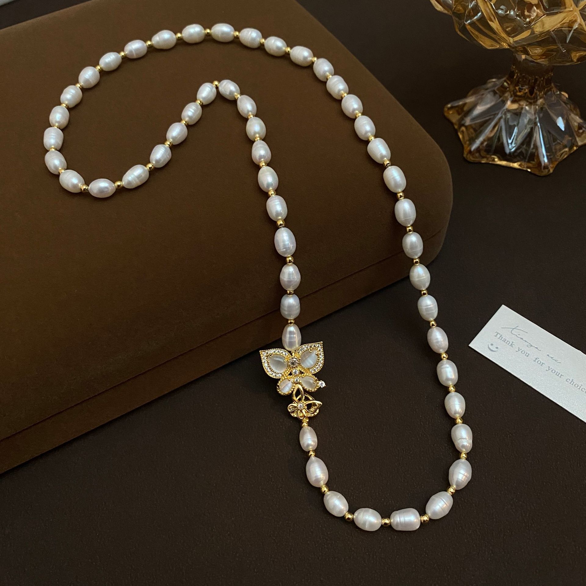 7mm natural pearl necklace long sweater chain, Zhuji freshwater pearl butterfly necklace, collarbone chain