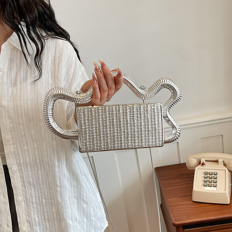 Wave Handle Evening Bag Metal Woven Small Square Bag Banquet Handbag