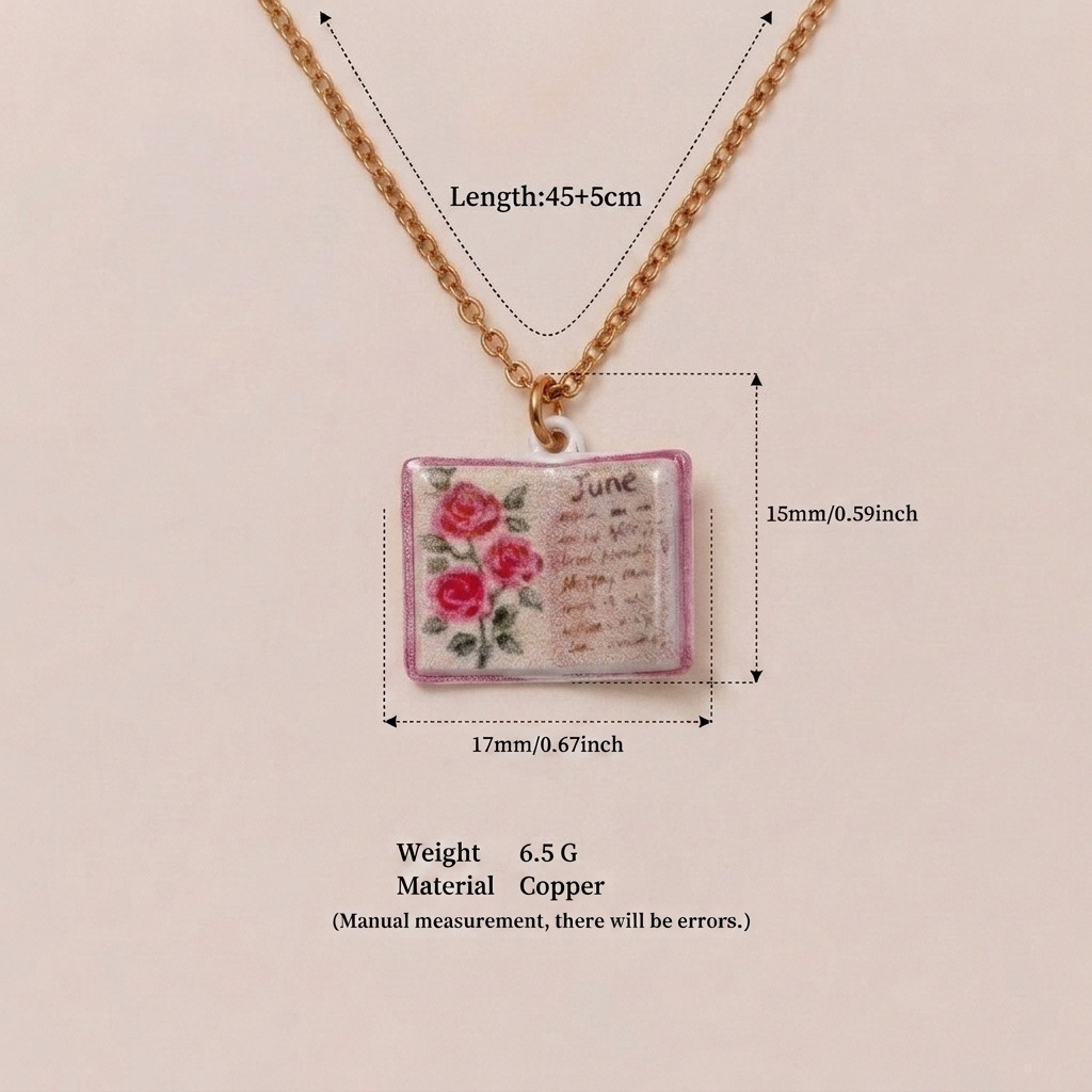 New December imitation porcelain book necklace, exquisite and compact copper-plated