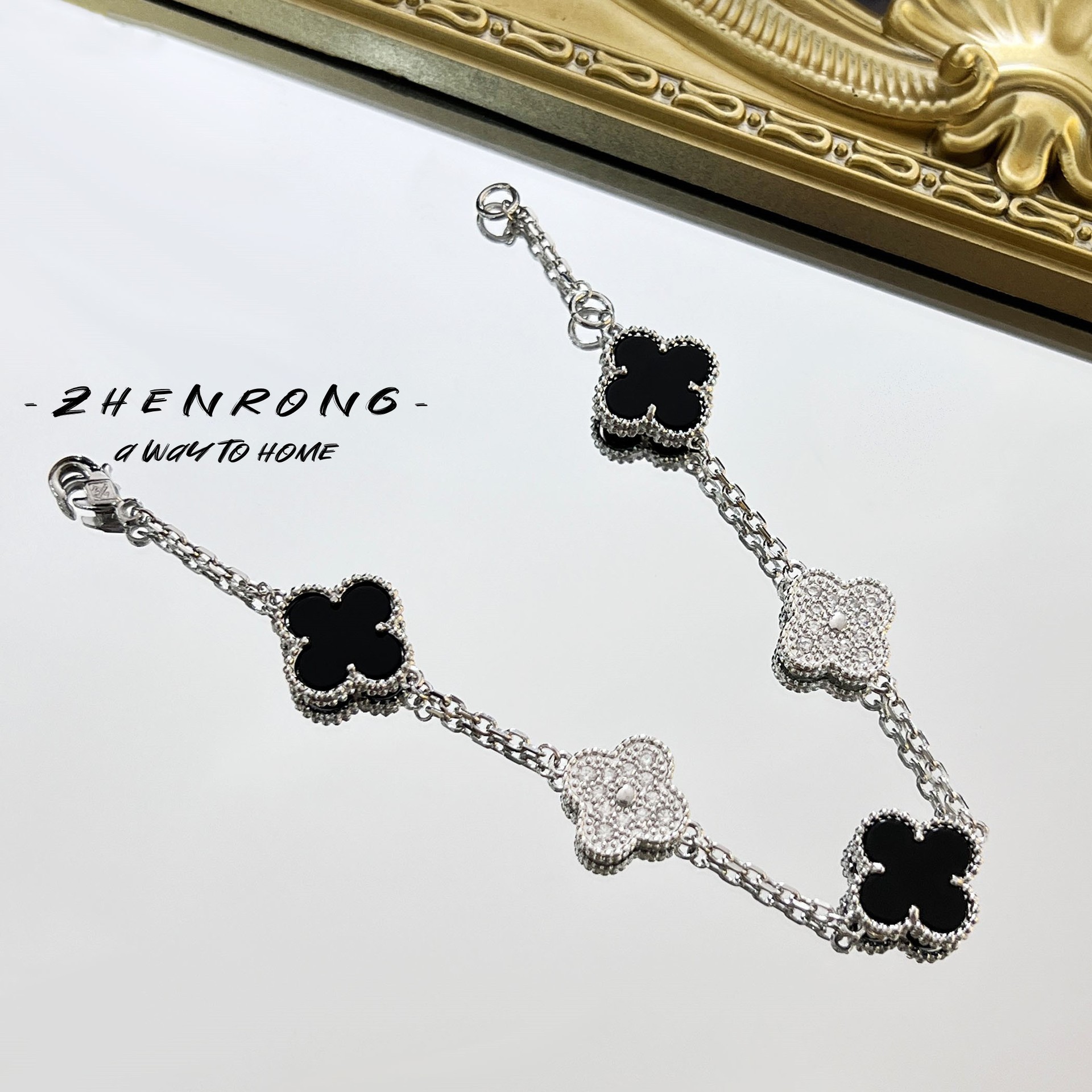 Premium five-flower panda four-leaf clover bracelet niche black agate flower bracelet women