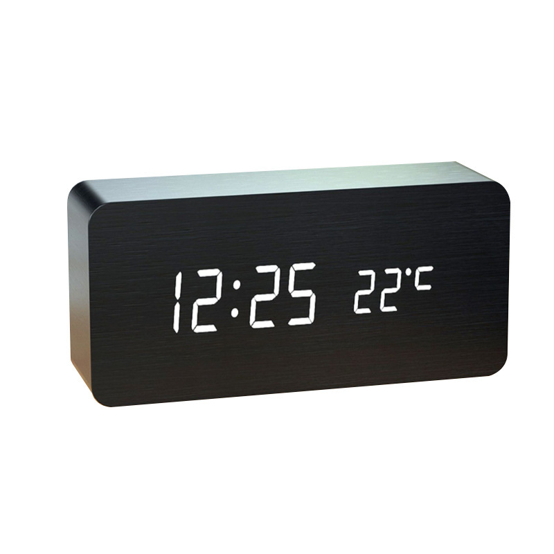Voice-activated LED wooden clock, simple multi-functional rectangular temperature digital display electronic alarm clock, rectangular
