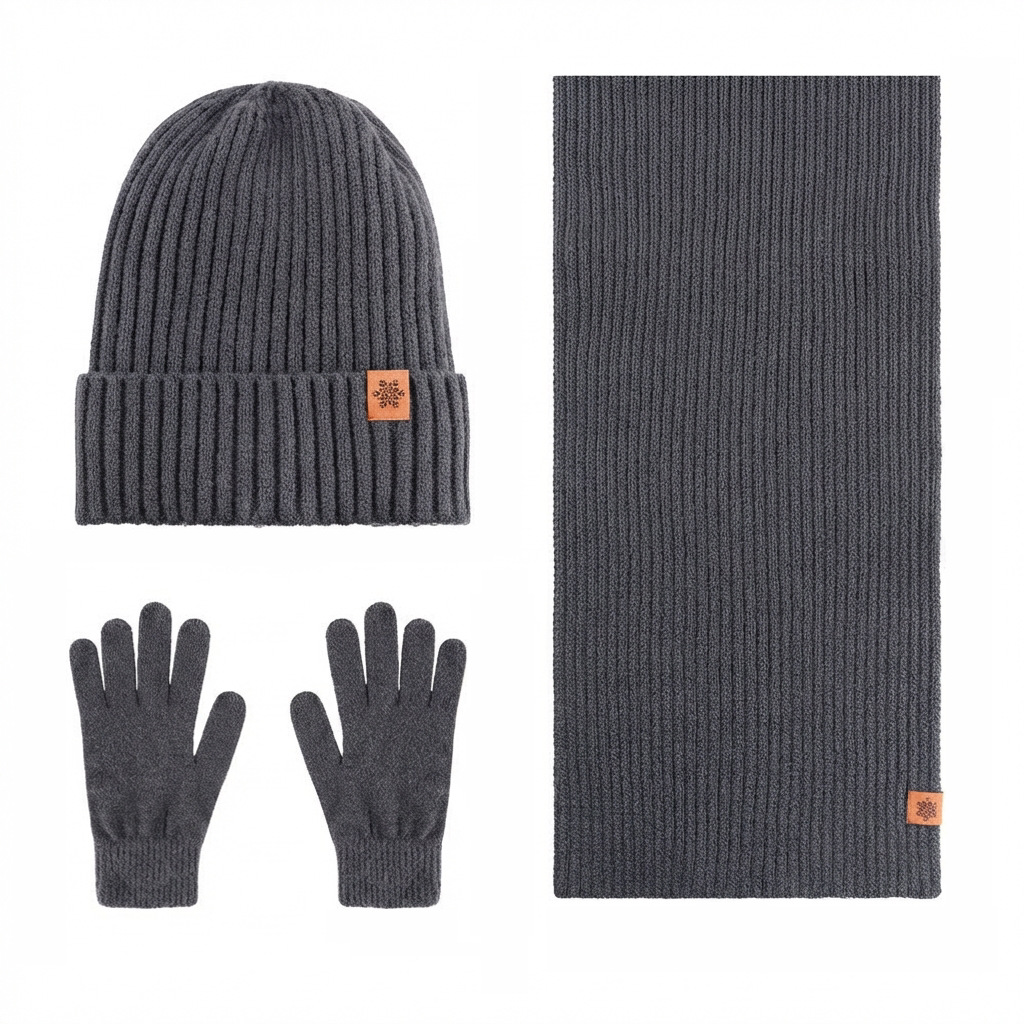 Winter Knitted Hat Scarf Gloves Three-Piece Set Fleece-Lined Thick Warm Outdoor Cycling Knit Hat